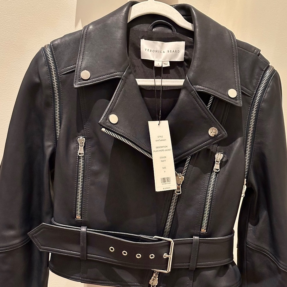 Veronica Beard Jylan Leather Moto Jacket & Vest combo/ Navy w/silver zipp size 4 - Picture 3 of 11